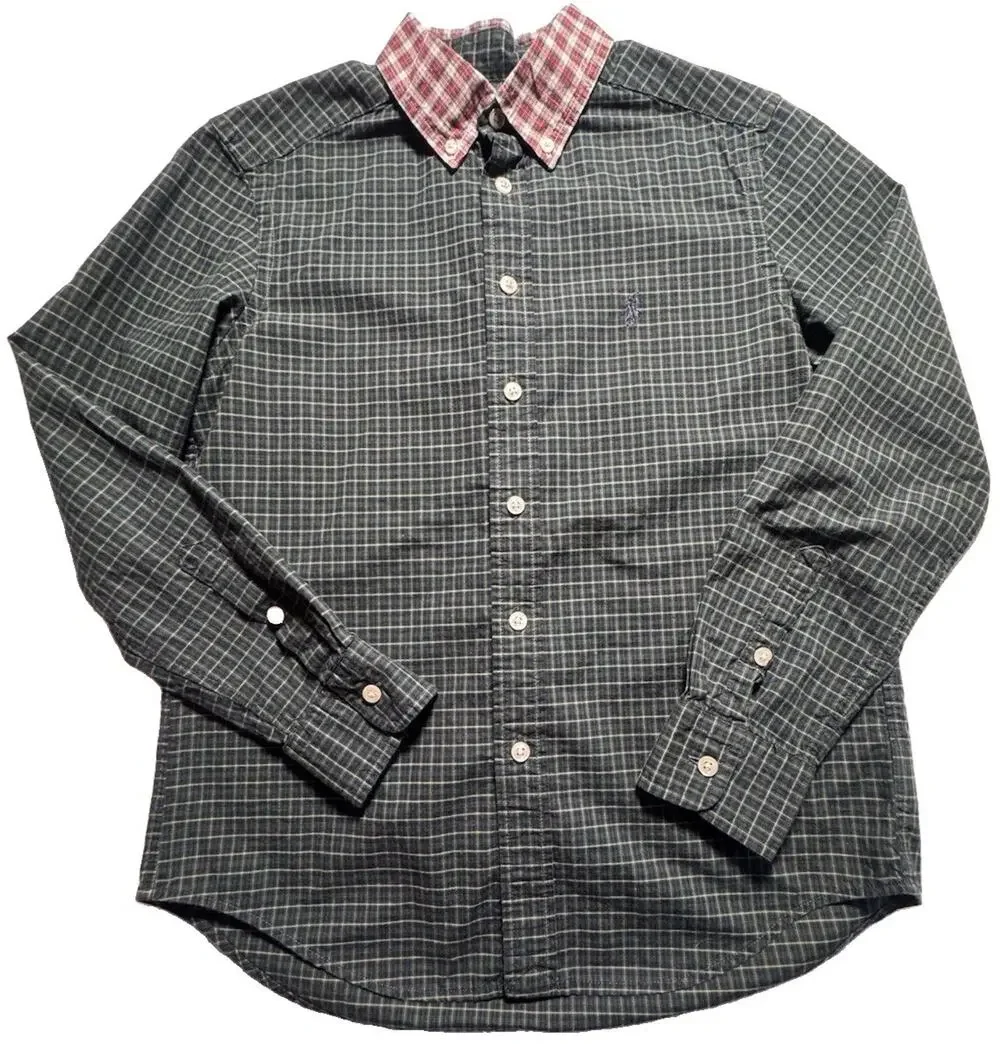Ralph Lauren Boys M 10-12 Green Blue Check Button Down Shirt Pony Logo Cotton